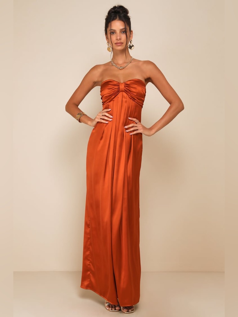 Lulus Memorable Entrance Rust Orange Strapless Satin Maxi Dress Size Xl